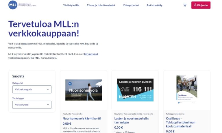 Kuvakaappaus MLL:n verkkokaupan etusivusta